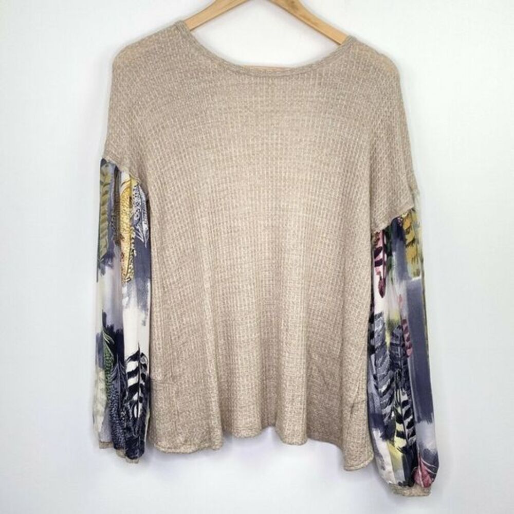 Cherish Boutique Cream Feather Print Open Back Sweater Women Small Boho